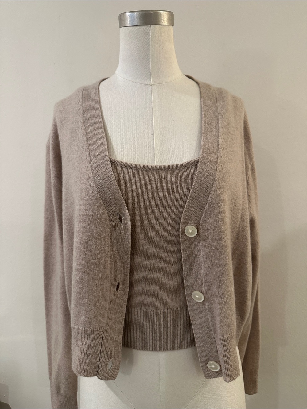 Soft Ribbed Knit Tank and Button Cardigan Set - Taupe